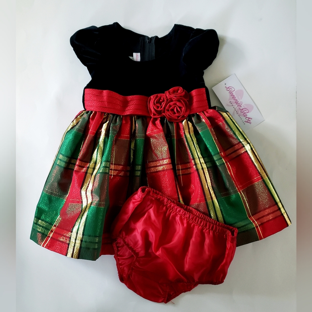 NEW Bonnie Jean Baby Girls Classic Gerson Plaid Holiday Party Dress 12M Bloomer